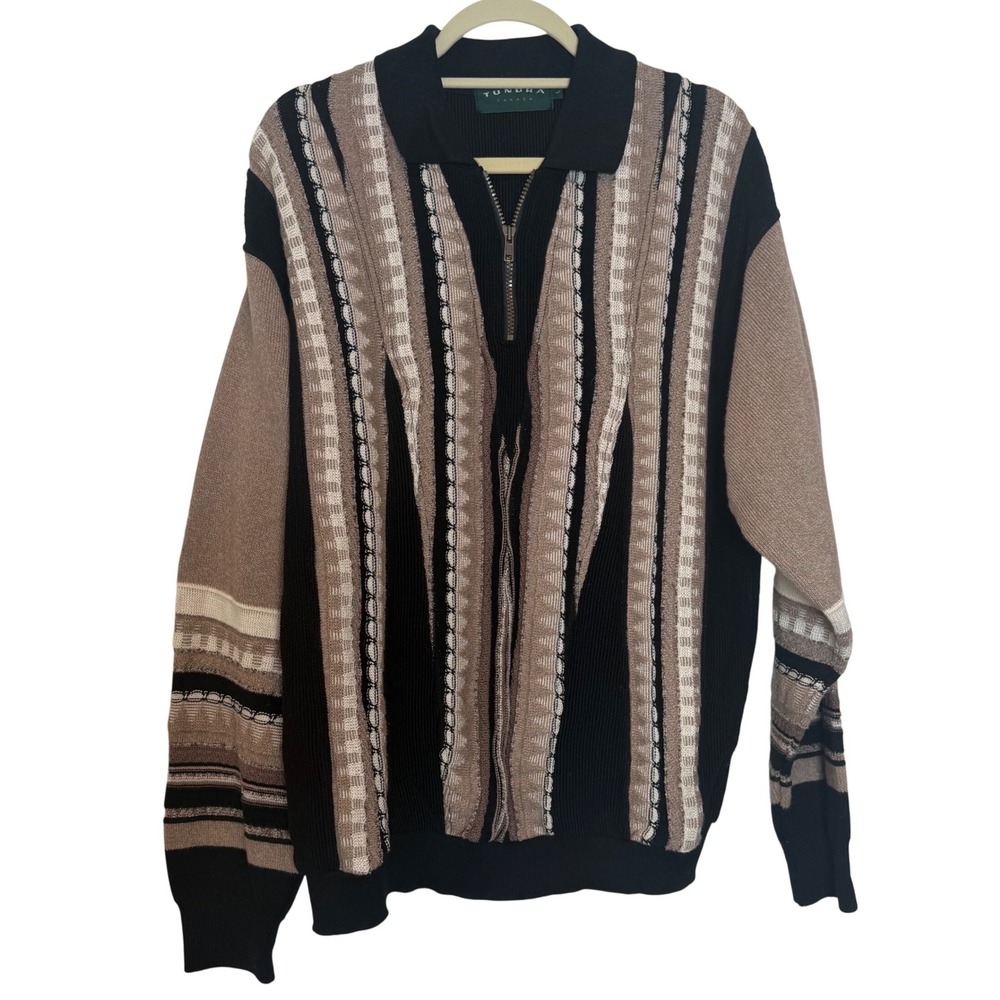 Tundra Canada Vtg 3D Knit Sweater Quarter Zip Striped Earth Tone Coogi Style Lg